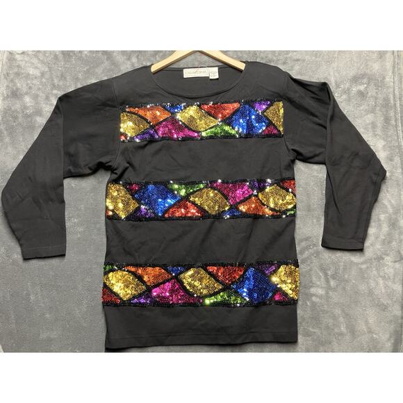 VTG Y2K Casual Corner Top Woman’s S Black Multicolor Sequins Colorblock Party - Picture 1 of 7